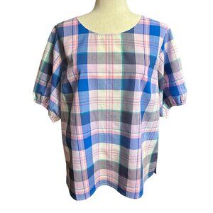 Talbots Shirt Women L NWT Plaid Blue Pink Short Sleeve Puffy Sleeve Cotton
